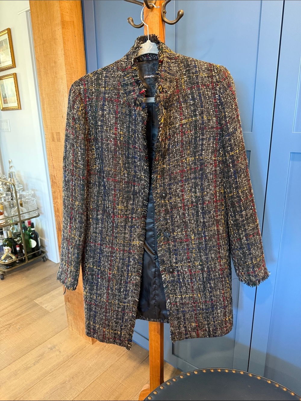 J. McLaughlin Multicolor Tweed Long Jacket with Fringe Trim